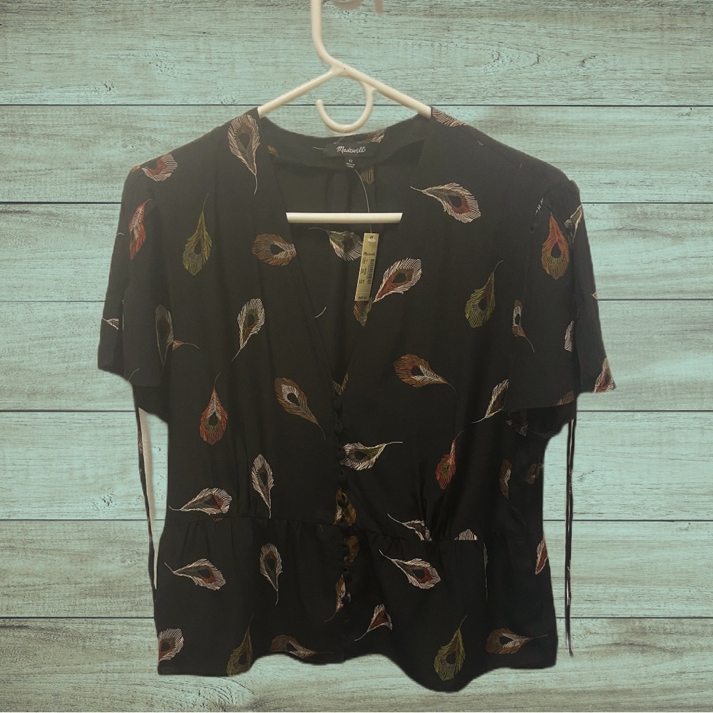 J. Crew Madewell Silk Peacock Feather Print Black Button Down Blouse